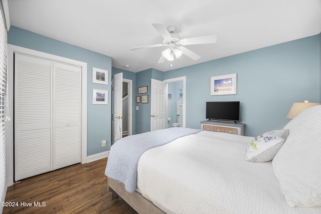 209 Hillside Dr N Unit 201, North Myrtle Beach, SC 29582 - bedroom with dark wood-type flooring, a closet, and a ceiling fan