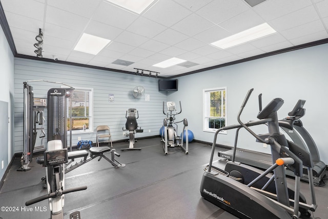 gym featuring a paneled ceiling, crown molding, and wood walls