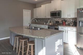 kitchen featuring white cabinetry, stainless steel appliances, sink, and a kitchen island with sink