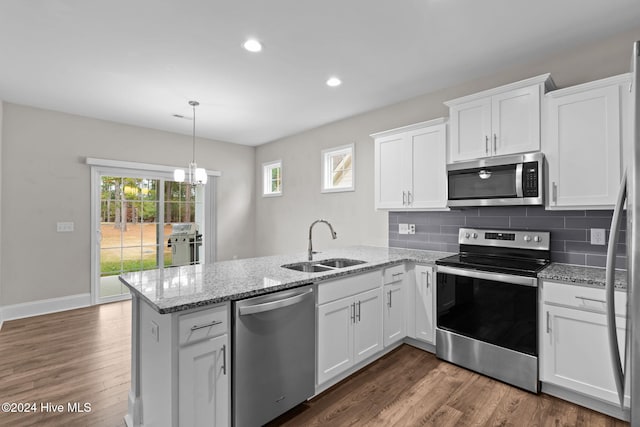 kitchen featuring sink, kitchen peninsula, dark hardwood / wood-style flooring, white cabinetry, and stainless steel appliances