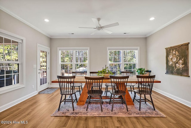 dining room featuring crown molding, plenty of natural light, and light wood-type flooring