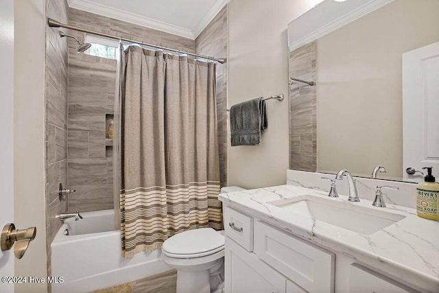 full bathroom featuring vanity, toilet, shower / bathtub combination with curtain, and ornamental molding