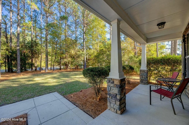 270 Hydrangea Ln, Hampstead, NC 28443 - covered porch featuring a lawn and view of scattered trees