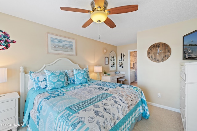 bedroom featuring light carpet and ceiling fan