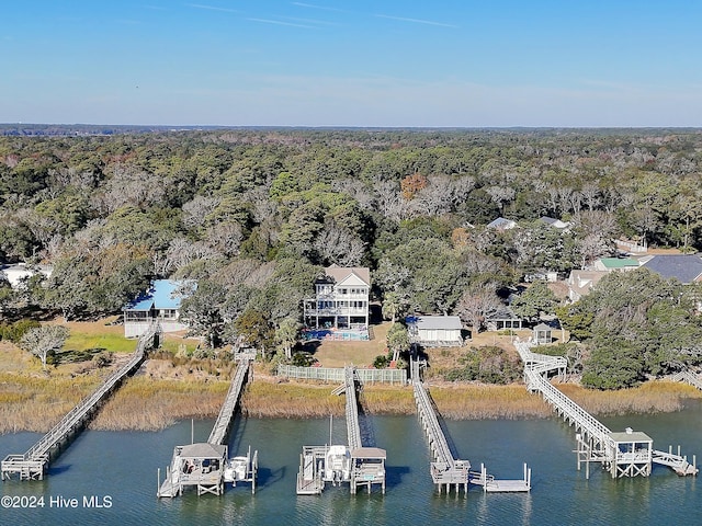 bird's eye view with a water view