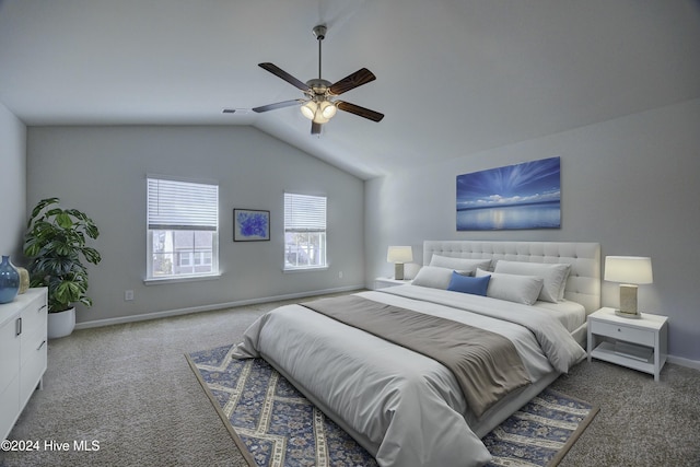 bedroom featuring ceiling fan, carpet, and lofted ceiling