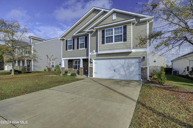 view of front facade with cooling unit, a front yard, and a garage