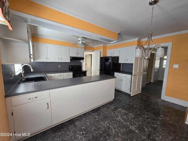 kitchen with black appliances, crown molding, white cabinets, and sink