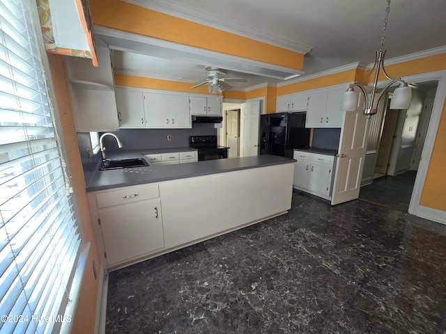 kitchen featuring black appliances, white cabinets, sink, ceiling fan, and ornamental molding