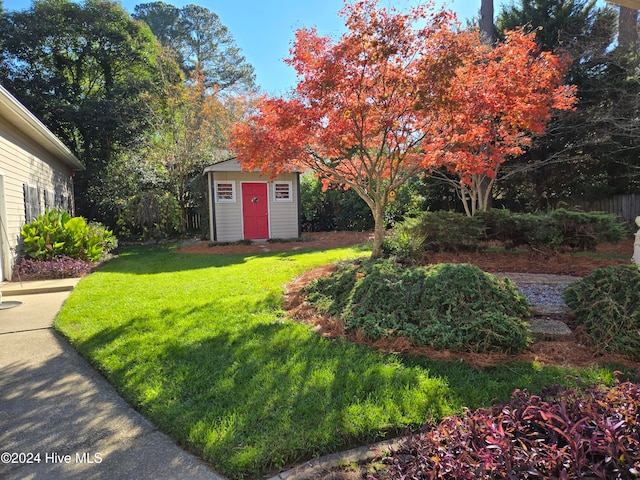 view of yard with a storage shed