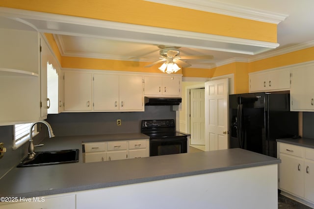 1112 Laurel Ln NW, Wilson, NC 27896 - kitchen with black appliances, under cabinet range hood, a sink, ceiling fan, and white cabinets