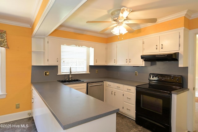 1112 Laurel Ln NW, Wilson, NC 27896 - kitchen with under cabinet range hood, black range with electric stovetop, dishwasher, a sink, and open shelves