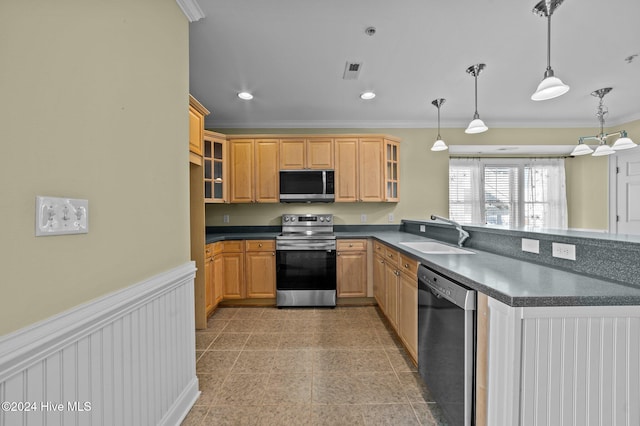 kitchen featuring crown molding, hanging light fixtures, stainless steel appliances, and sink