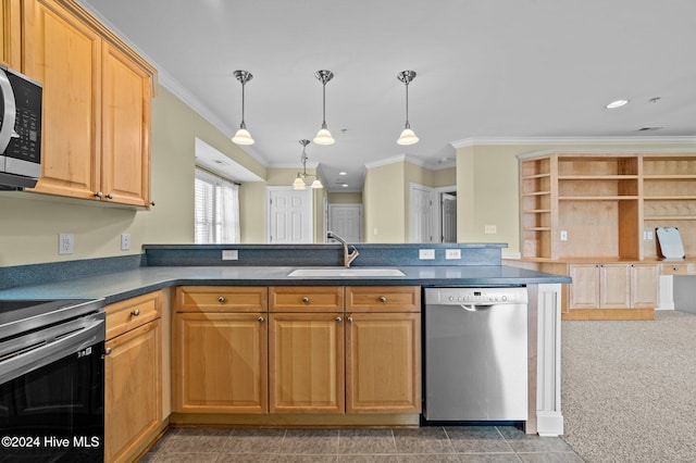 kitchen with pendant lighting, dark carpet, crown molding, sink, and stainless steel appliances