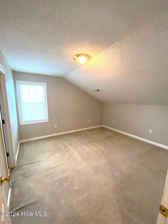 bonus room with vaulted ceiling, carpet floors, and a textured ceiling