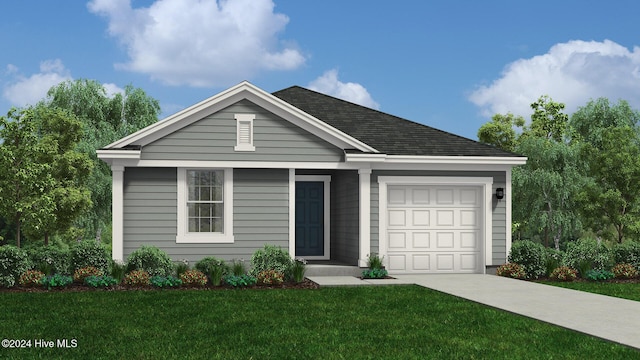 view of front of home with a front yard and a garage