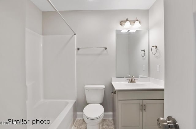 full bathroom featuring bathing tub / shower combination, vanity, and toilet