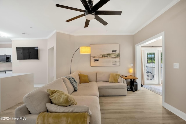 living room with ceiling fan, ornamental molding, and light wood-type flooring