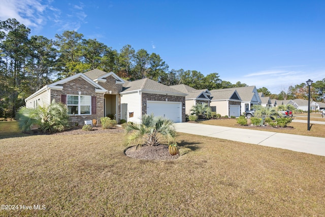 ranch-style house with a garage and a front lawn