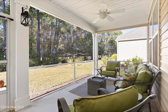 sunroom / solarium with plenty of natural light and ceiling fan