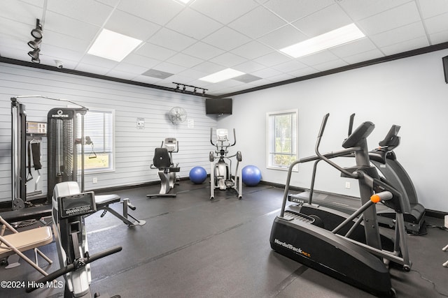 workout area featuring wooden walls, a drop ceiling, and a healthy amount of sunlight