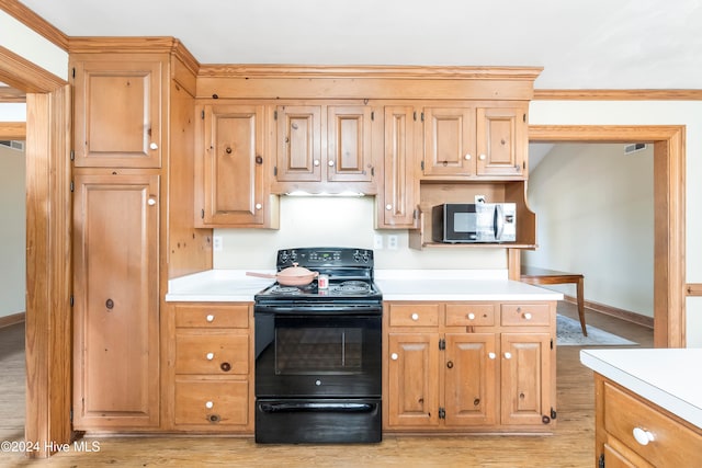 kitchen with black range with electric stovetop and light hardwood / wood-style floors