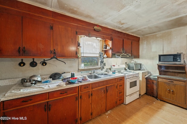 kitchen featuring white range, range hood, light hardwood / wood-style flooring, and sink