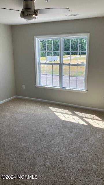 unfurnished room with carpet flooring, ceiling fan, and a healthy amount of sunlight