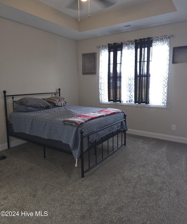 carpeted bedroom featuring a raised ceiling and ceiling fan