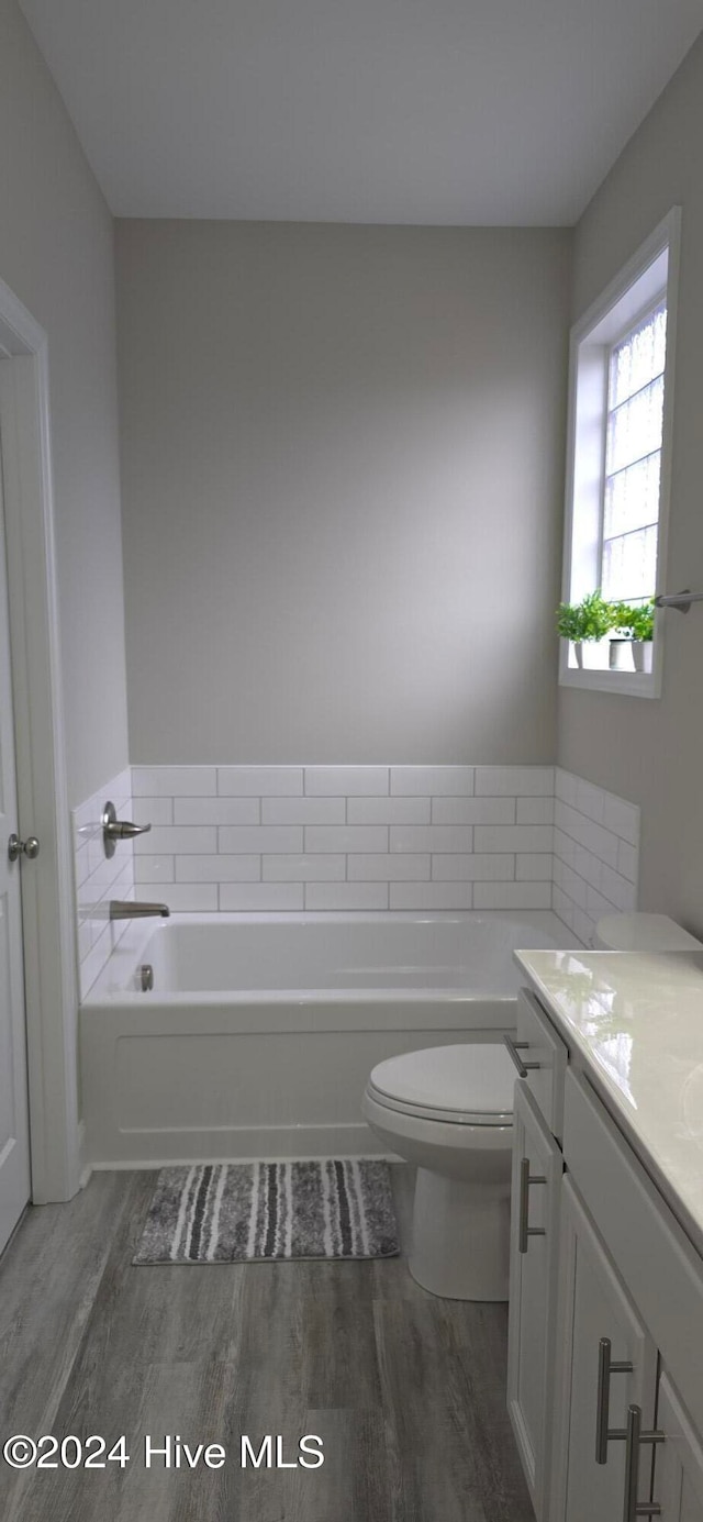 bathroom featuring wood-type flooring, vanity, toilet, and a bathing tub