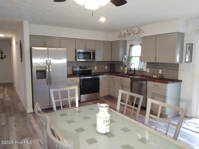 kitchen with stainless steel appliances, decorative backsplash, a sink, and gray cabinetry