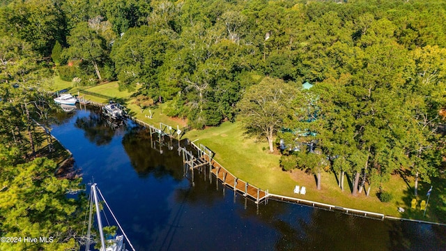 drone / aerial view featuring a water view