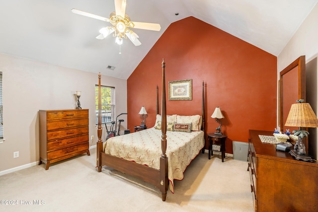 bedroom featuring light carpet, ceiling fan, and lofted ceiling