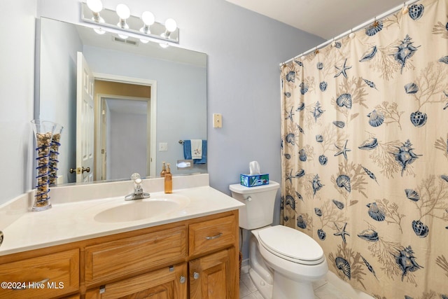 bathroom with tile patterned flooring, vanity, toilet, and walk in shower