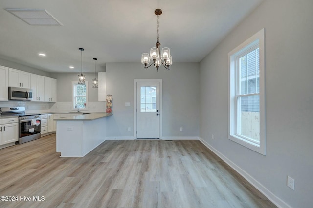 kitchen with pendant lighting, backsplash, white cabinets, kitchen peninsula, and stainless steel appliances