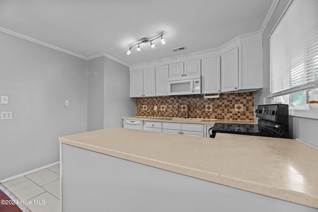 kitchen featuring white appliances, white cabinetry, backsplash, ornamental molding, and light tile patterned floors