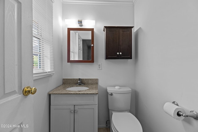 bathroom with toilet, crown molding, and vanity