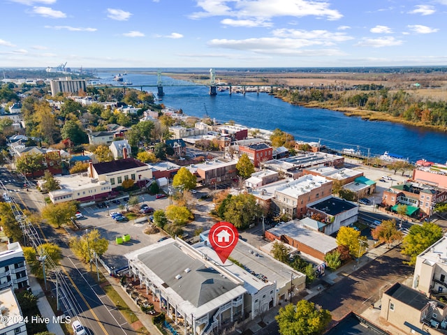 drone / aerial view featuring a water view