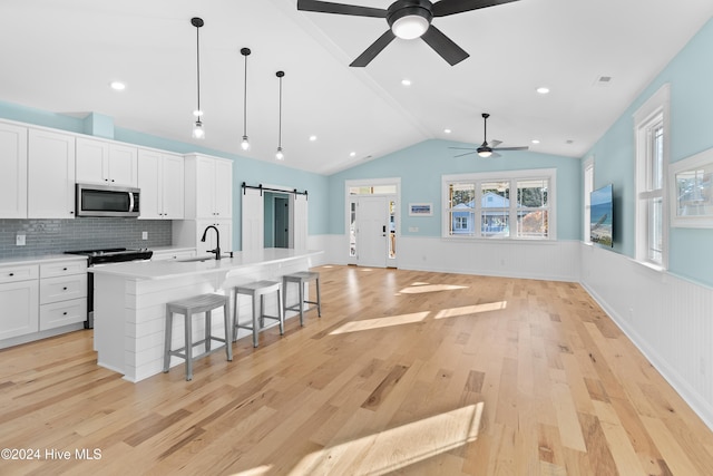 kitchen with sink, appliances with stainless steel finishes, white cabinetry, an island with sink, and a barn door