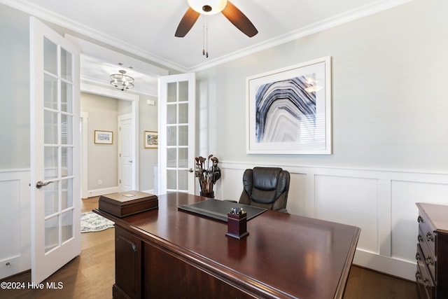 home office with ceiling fan, wood-type flooring, crown molding, and french doors