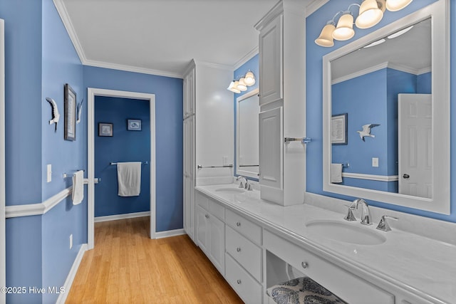 bathroom with crown molding, vanity, and hardwood / wood-style floors