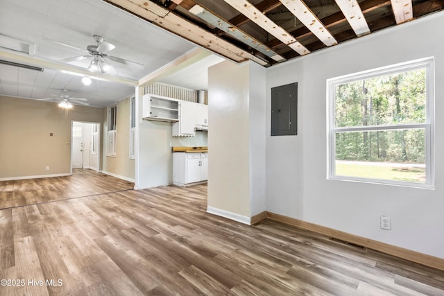 401 Pecan Ln, Lake Waccamaw, NC 28450 - unfurnished living room featuring electric panel, light wood-style floors, a ceiling fan, and beam ceiling