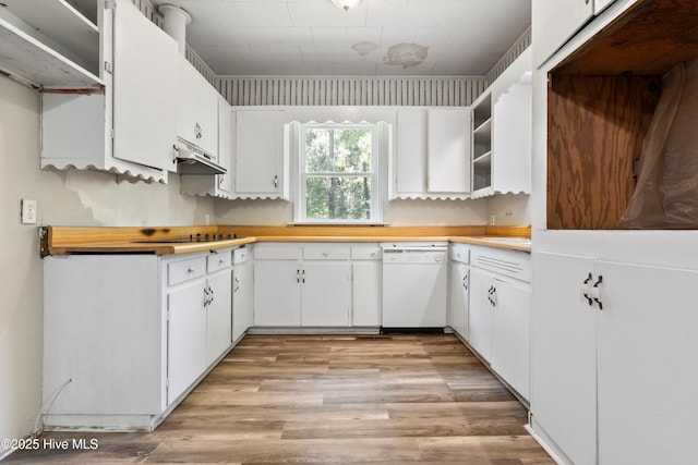 401 Pecan Ln, Lake Waccamaw, NC 28450 - kitchen with white dishwasher, open shelves, light wood finished floors, and under cabinet range hood