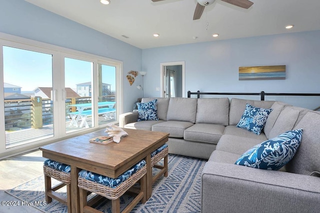 living room with ceiling fan