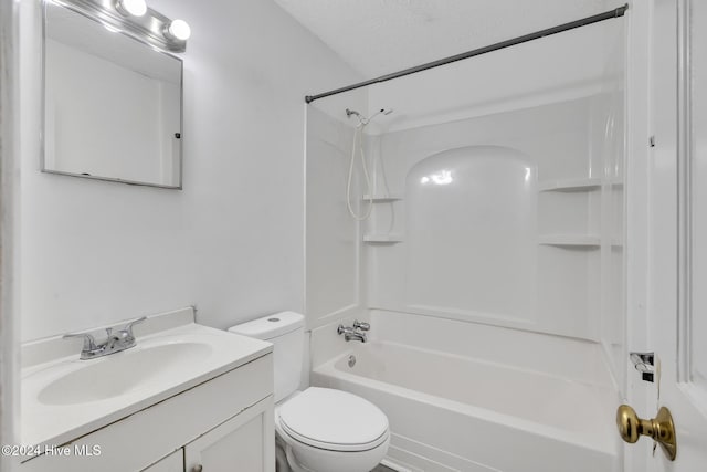 full bathroom with toilet, vanity, a textured ceiling, and washtub / shower combination