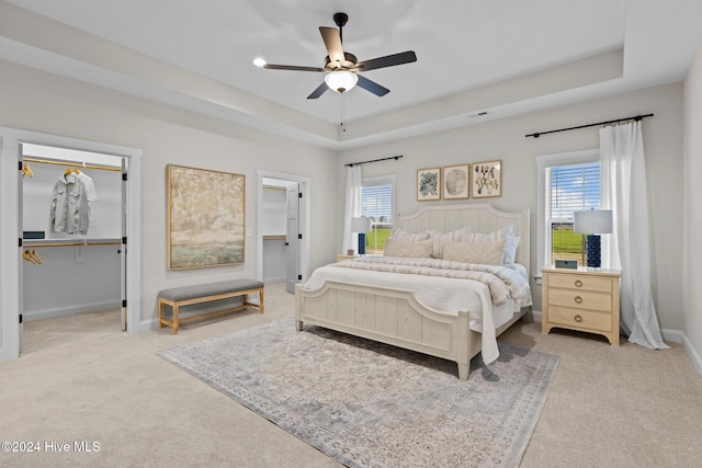 carpeted bedroom with a raised ceiling, multiple windows, and ceiling fan