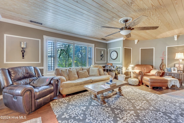 living room featuring hardwood / wood-style floors, ornamental molding, and wood ceiling