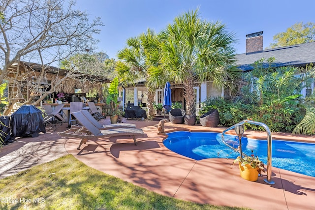 view of swimming pool featuring a patio area