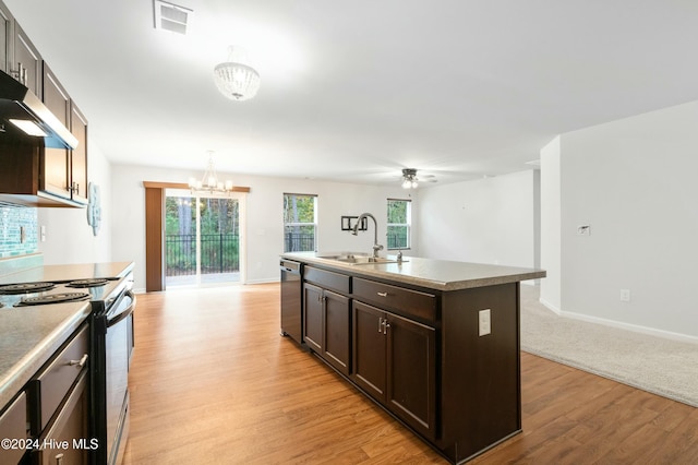 kitchen featuring appliances with stainless steel finishes, a center island with sink, light hardwood / wood-style flooring, and sink