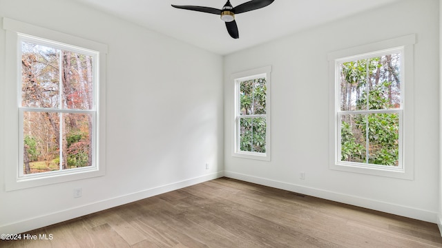 unfurnished room featuring light hardwood / wood-style flooring, ceiling fan, and a healthy amount of sunlight